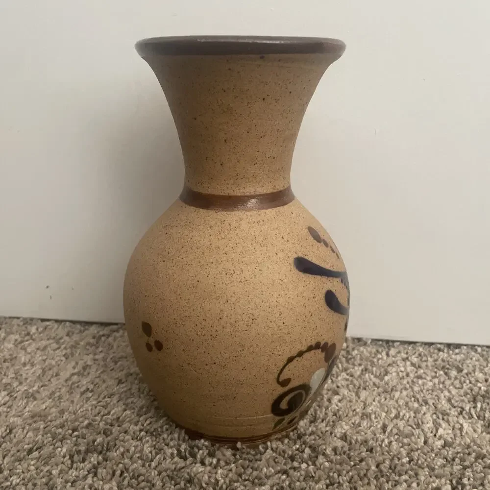 Hand Painted Art Pottery Mexican Tonala Bird Flowers Floral Vase 8 1/4